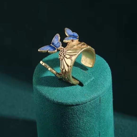 Celestial Antique Blue Butterfly Floral  Ring - Picture 4 of 8